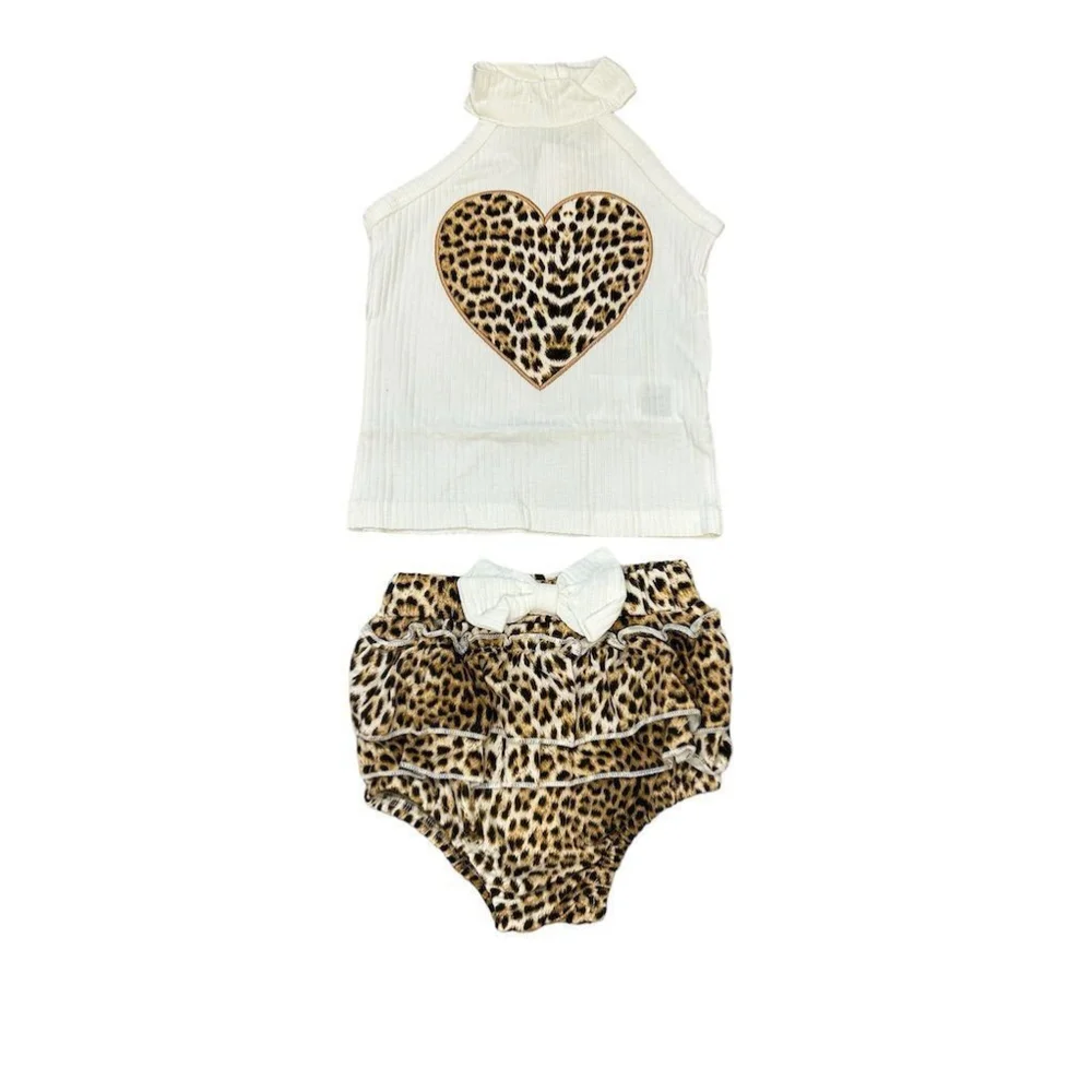 Shein Kids Baby Girls Leopard Print Heart Graphic Outfit Set 3-6M Multicolor